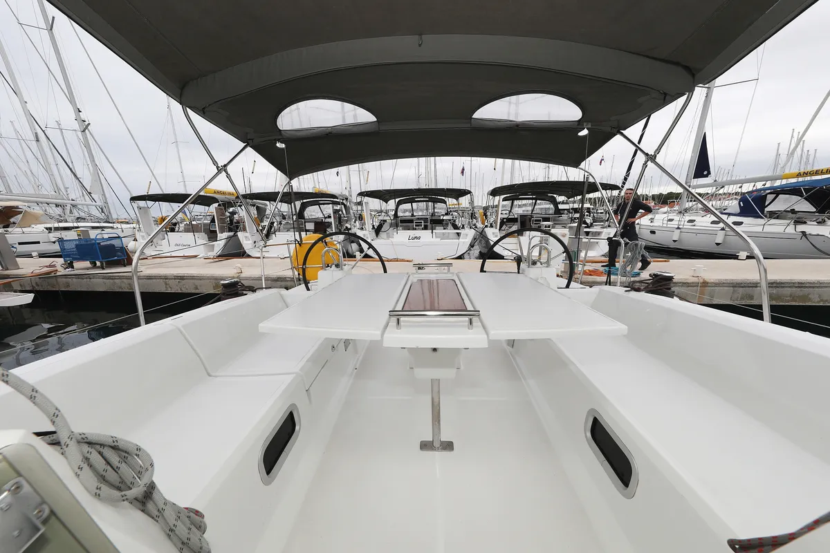 Deck of One, a Beneteau Oceanis 38 sailboat at Grad Biograd na Moru, Croatia