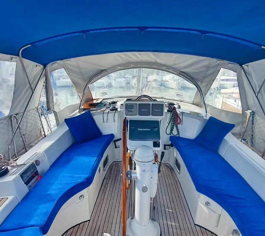 Cockpit of Derin, a Beneteau Oceanis Clipper 423 sailboat at Fethiye, Turkey