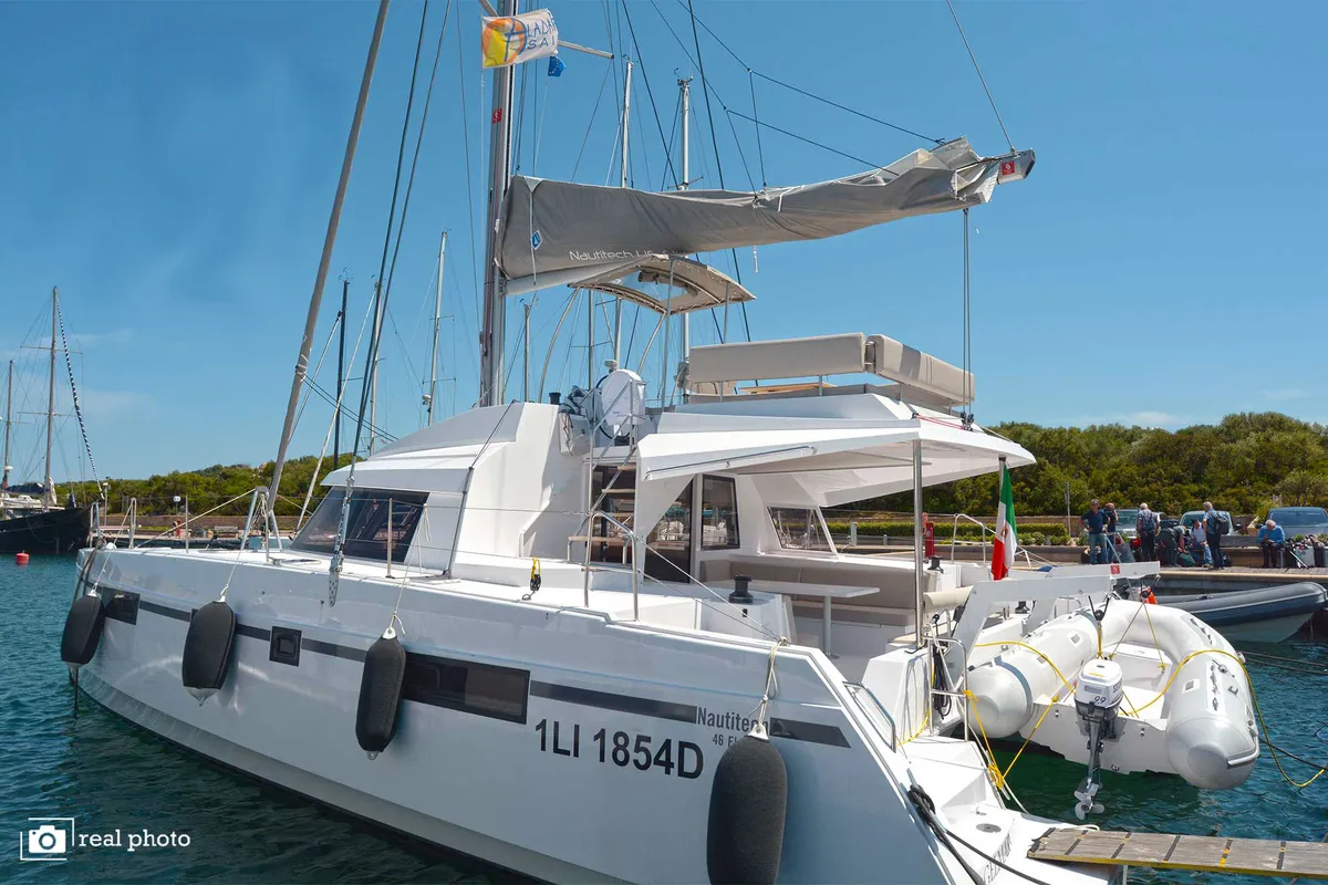 Exterior view of Nautitech 46 Fly, a catamaran at Cannigione, Italy
