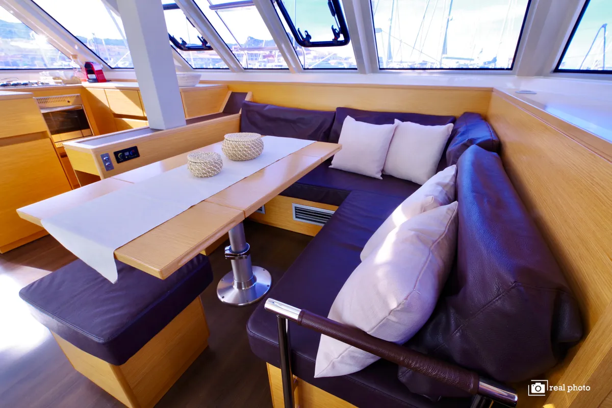 Salon of Nautitech 46 Fly, a catamaran at Cannigione, Italy