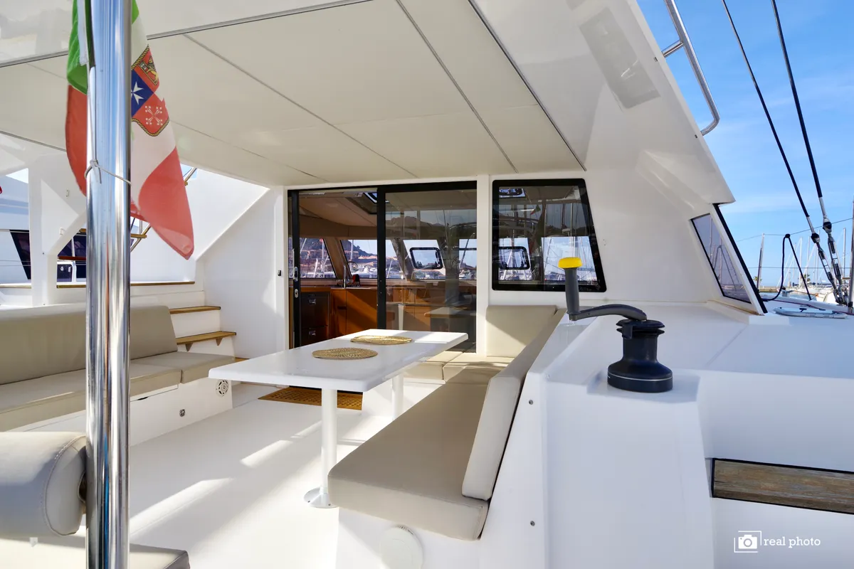 Deck of Nautitech 46 Fly, a catamaran at Cannigione, Italy