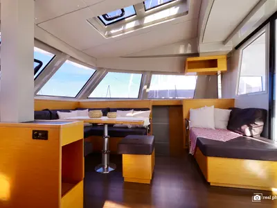 Salon of Nautitech 46 Fly, a catamaran at Cannigione, Italy