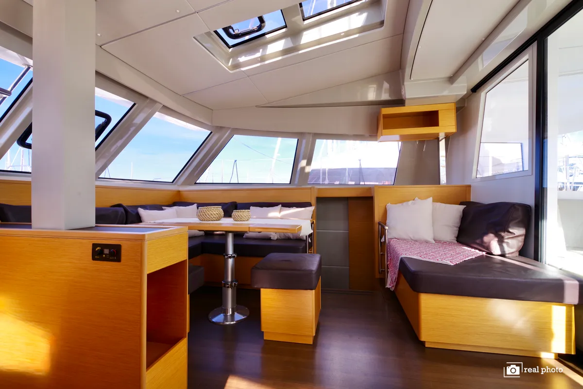 Salon of Nautitech 46 Fly, a catamaran at Cannigione, Italy