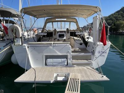 Exterior view of Tian, a Dufour 430 sailboat at Fethiye, Turkey