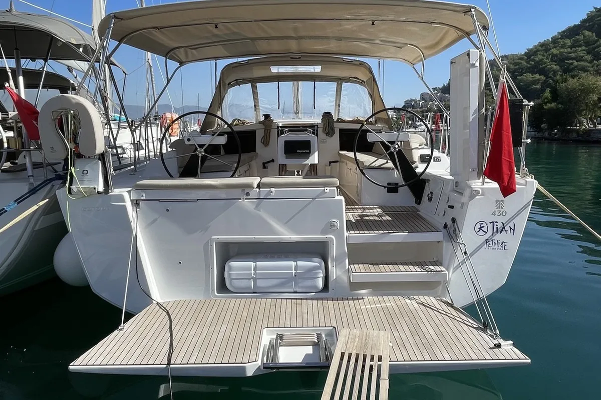 Exterior view of Tian, a Dufour 430 sailboat at Fethiye, Turkey