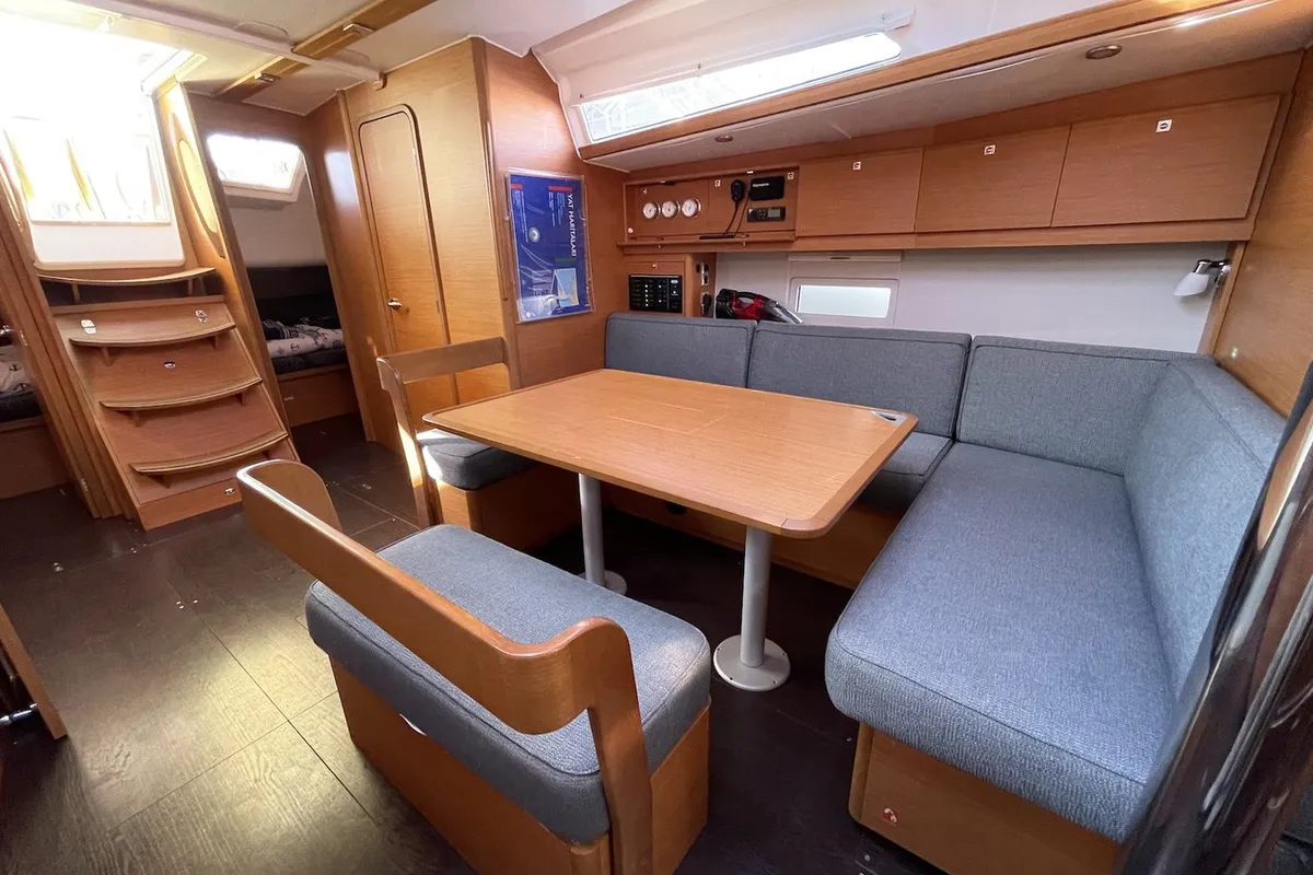 Salon of Tian, a Dufour 430 sailboat at Fethiye, Turkey