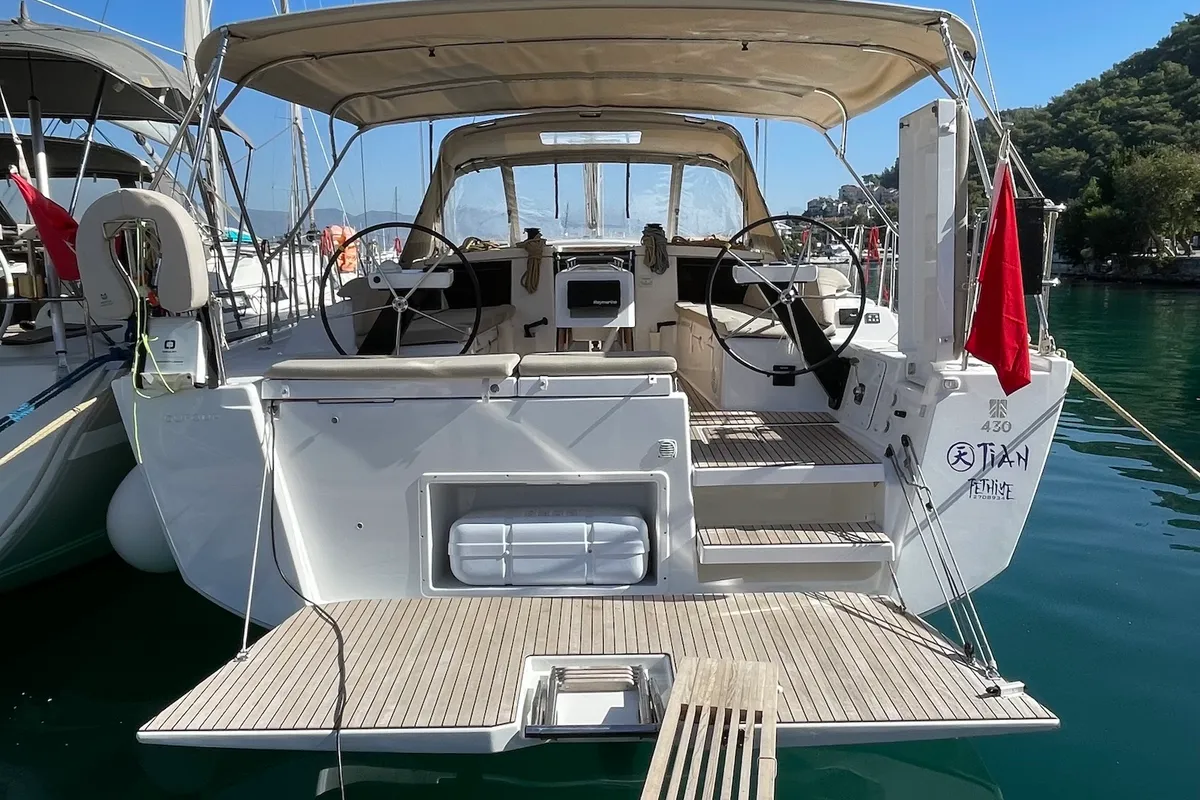 Exterior view of Tian, a Dufour 430 sailboat at Fethiye, Turkey