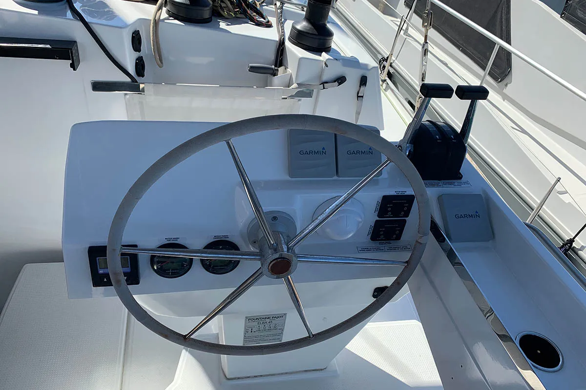 Cockpit of Be Nauti, a Fountaine Pajot Elba 45 catamaran at Road Town, British Virgin Islands