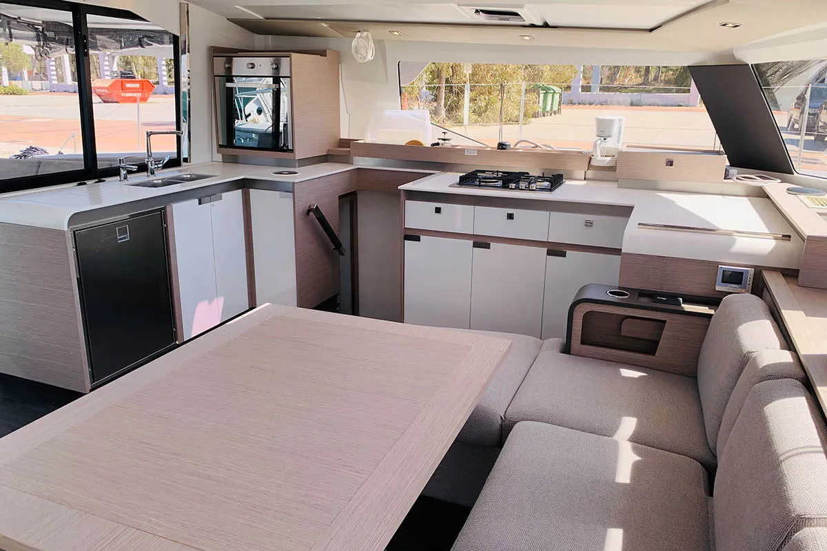 Salon of Be Nauti, a Fountaine Pajot Elba 45 catamaran at Road Town, British Virgin Islands