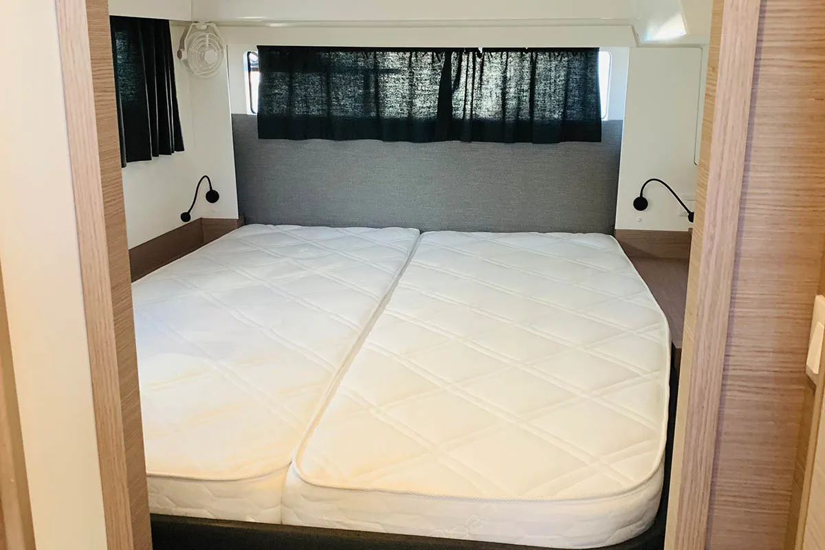Cabin on Be Nauti, a Fountaine Pajot Elba 45 catamaran at Road Town, British Virgin Islands