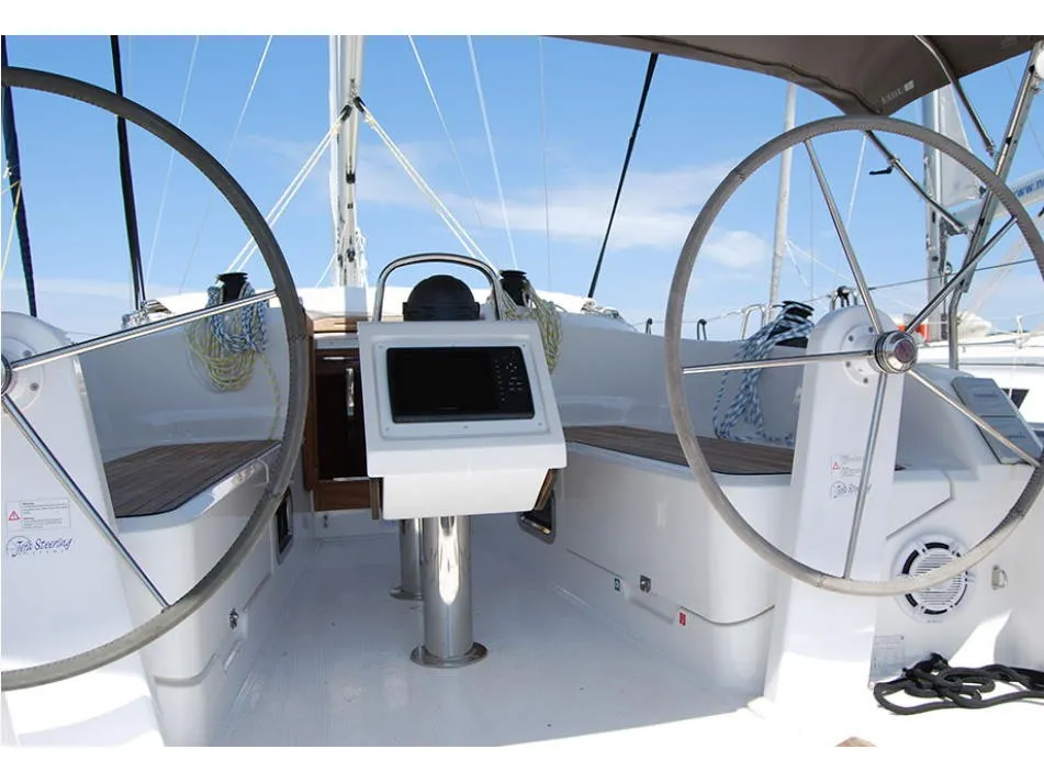 Cockpit of Bav37/2015, a Bavaria 37 Cruiser sailboat at Kontokali, Greece