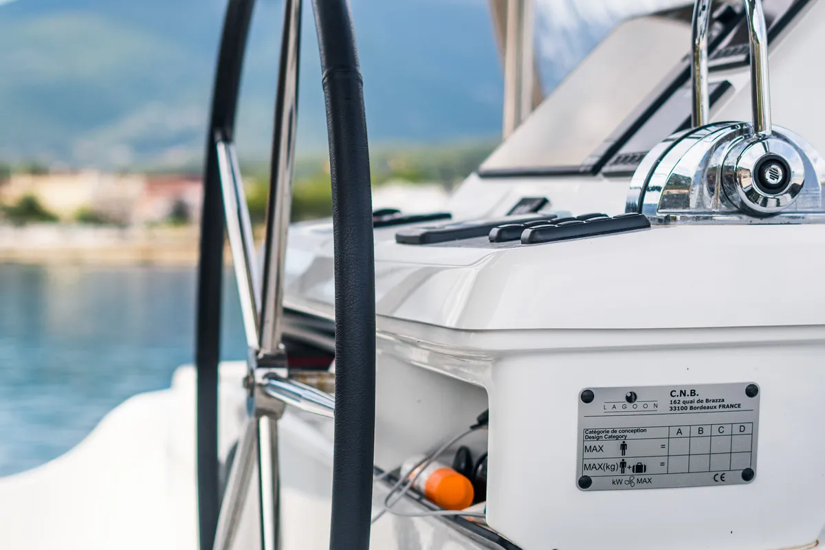 Cockpit of Solana, a Lagoon 50 catamaran at Municipal Unit of Palairos, Greece