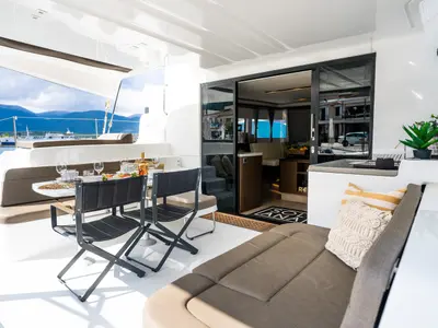Deck of Solana, a Lagoon 50 catamaran at Municipal Unit of Palairos, Greece