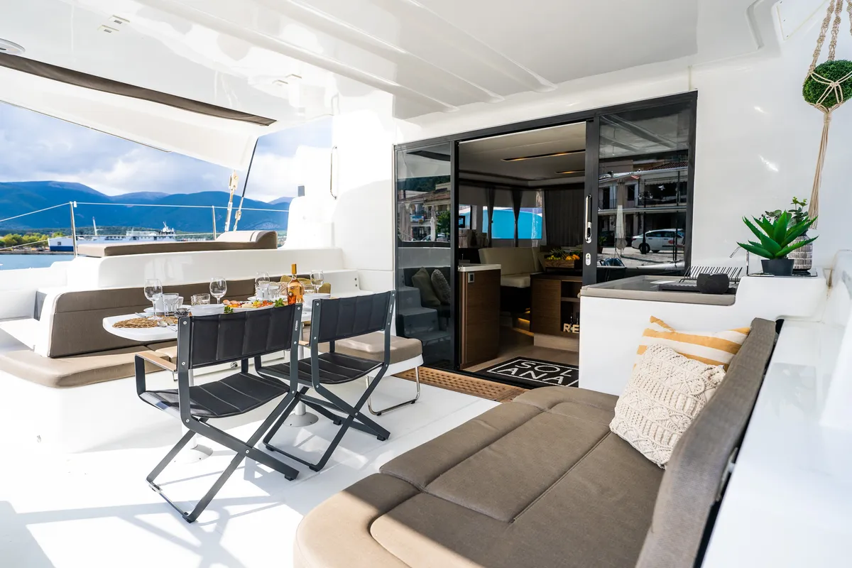 Deck of Solana, a Lagoon 50 catamaran at Municipal Unit of Palairos, Greece