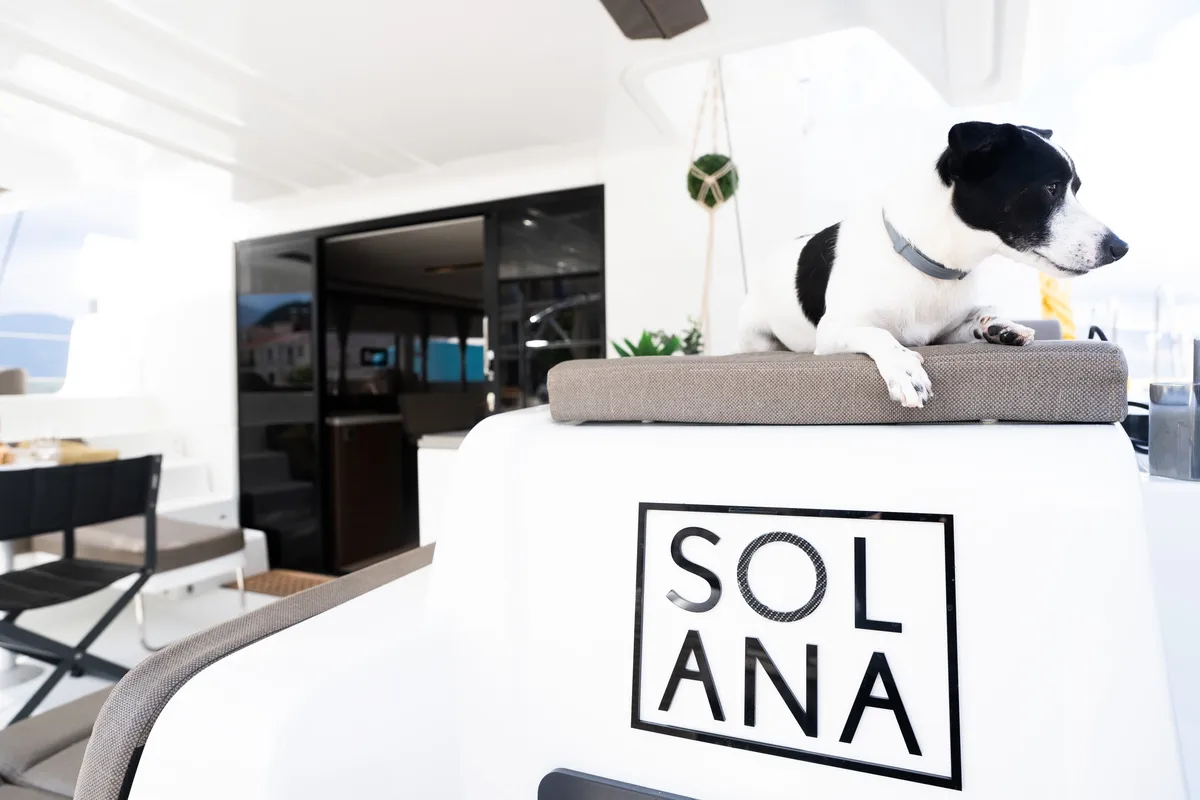 Exterior view of Solana, a Lagoon 50 catamaran at Municipal Unit of Palairos, Greece