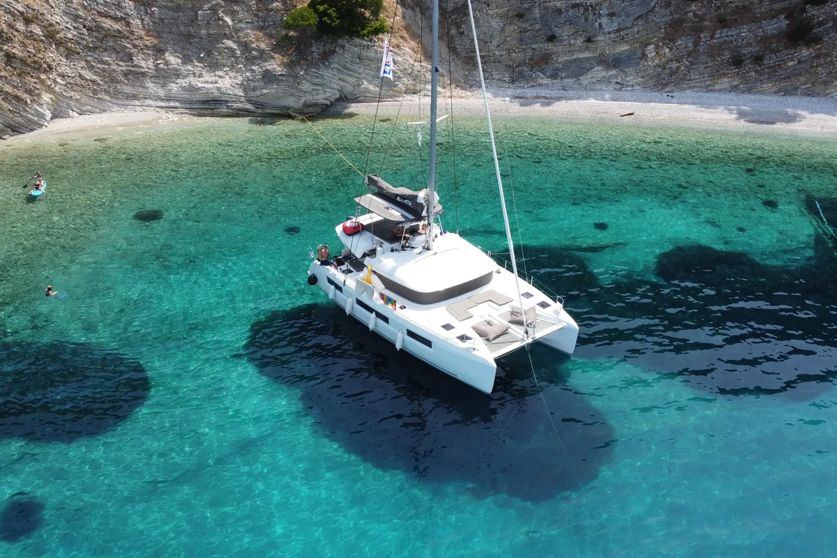 Exterior view of Solana, a Lagoon 50 catamaran at Municipal Unit of Palairos, Greece