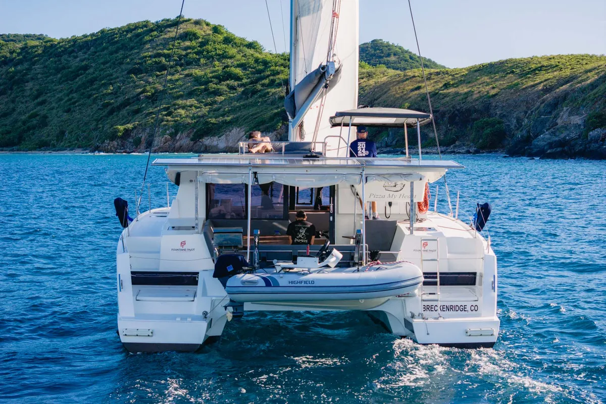 Exterior view of Pizza My Heart, a Fountaine Pajot Isla 40 catamaran at Road Town, British Virgin Islands