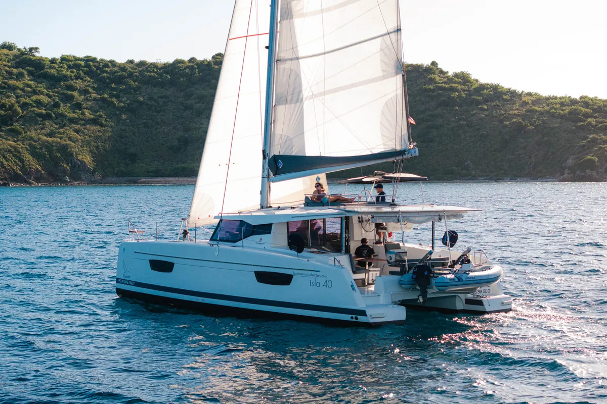 Exterior view of Pizza My Heart, a Fountaine Pajot Isla 40 catamaran at Road Town, British Virgin Islands