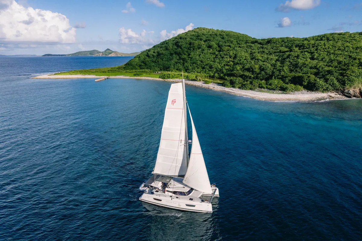 Exterior view of Pizza My Heart, a Fountaine Pajot Isla 40 catamaran at Road Town, British Virgin Islands