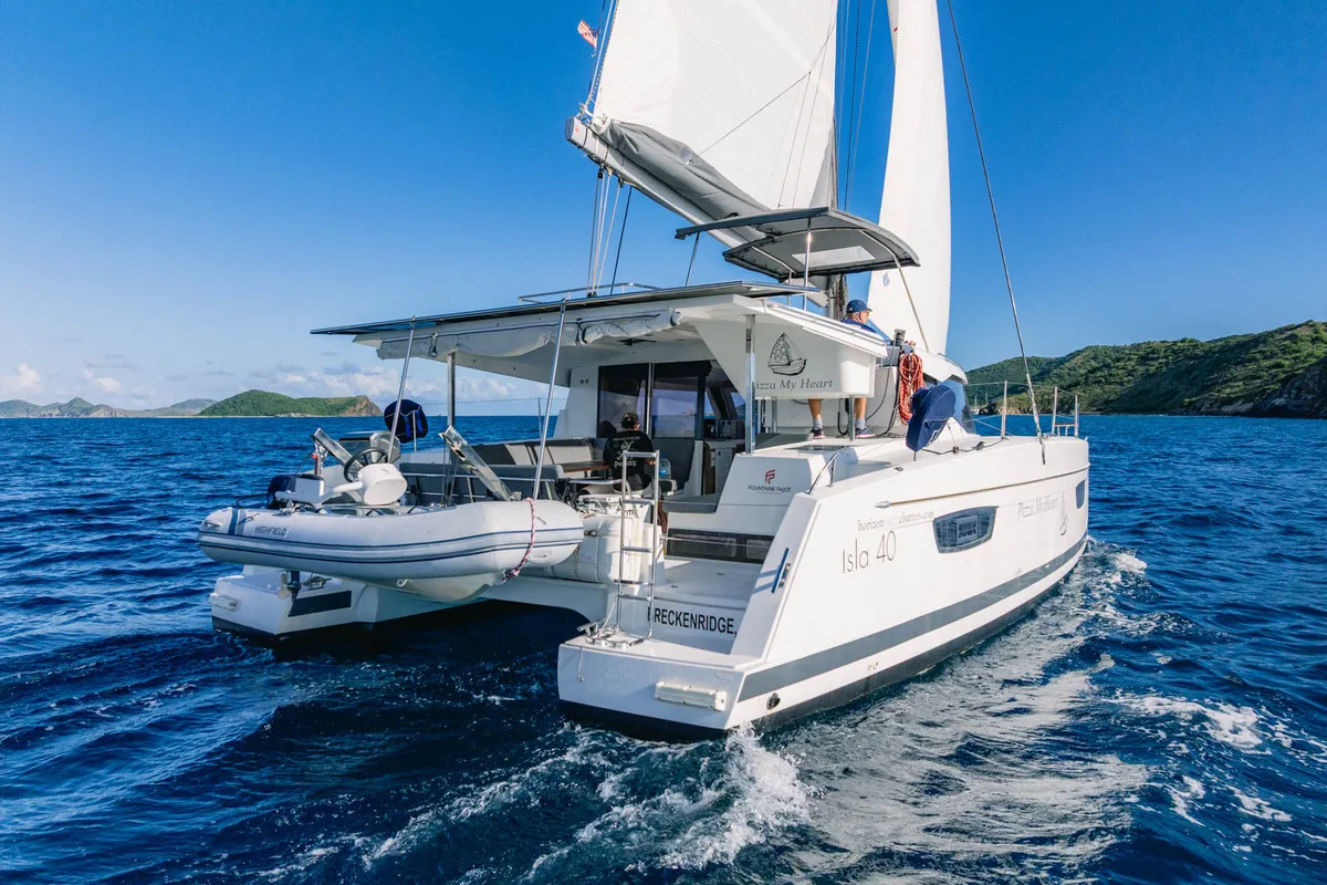 Exterior view of Pizza My Heart, a Fountaine Pajot Isla 40 catamaran at Road Town, British Virgin Islands