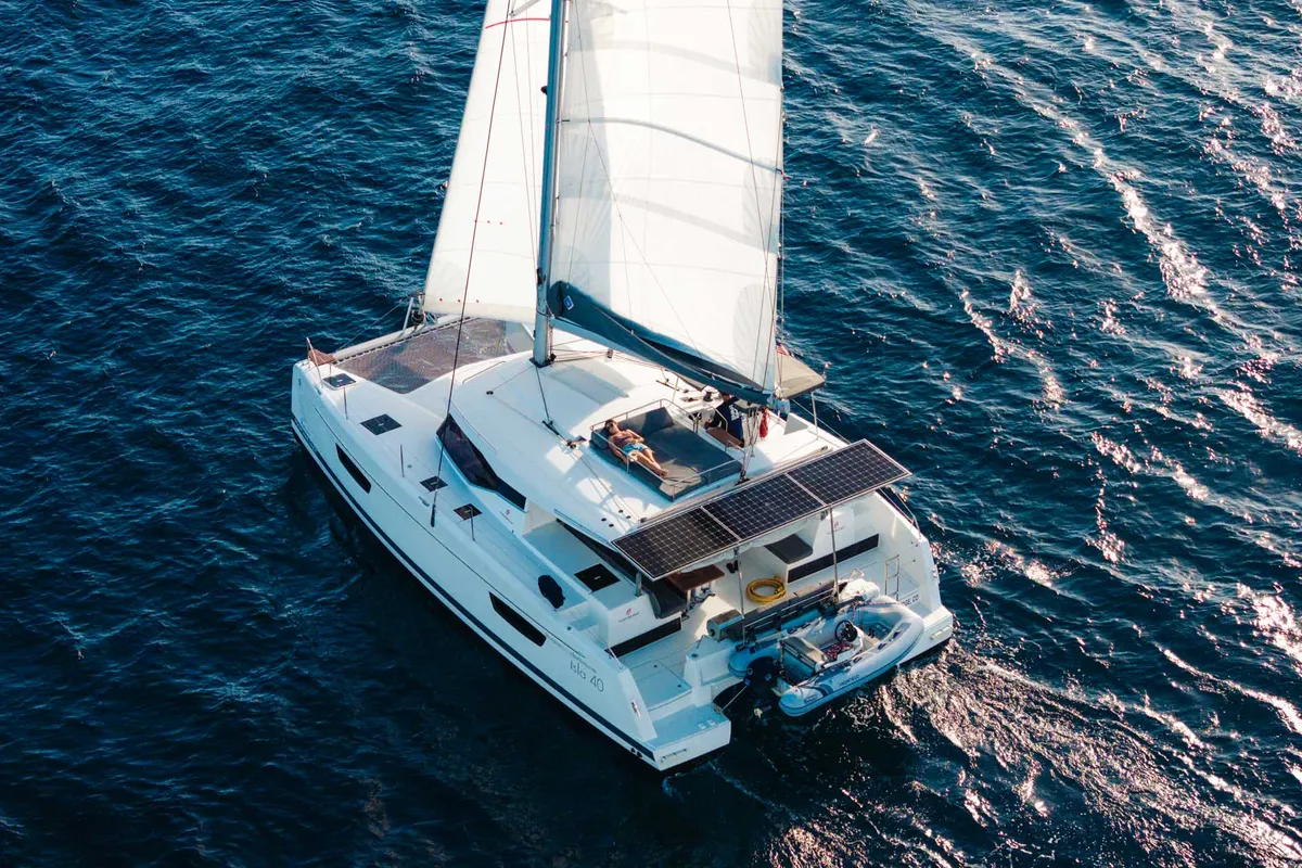 Exterior view of Pizza My Heart, a Fountaine Pajot Isla 40 catamaran at Road Town, British Virgin Islands