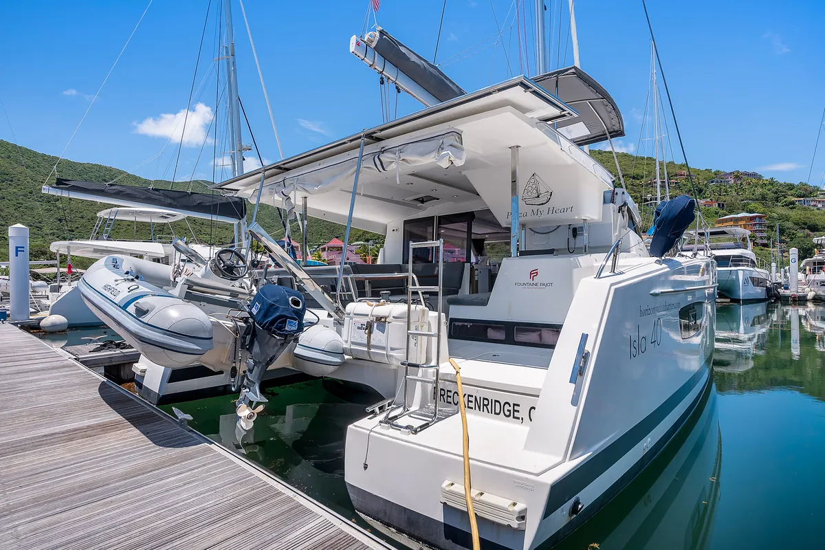 Exterior view of Pizza My Heart, a Fountaine Pajot Isla 40 catamaran at Road Town, British Virgin Islands