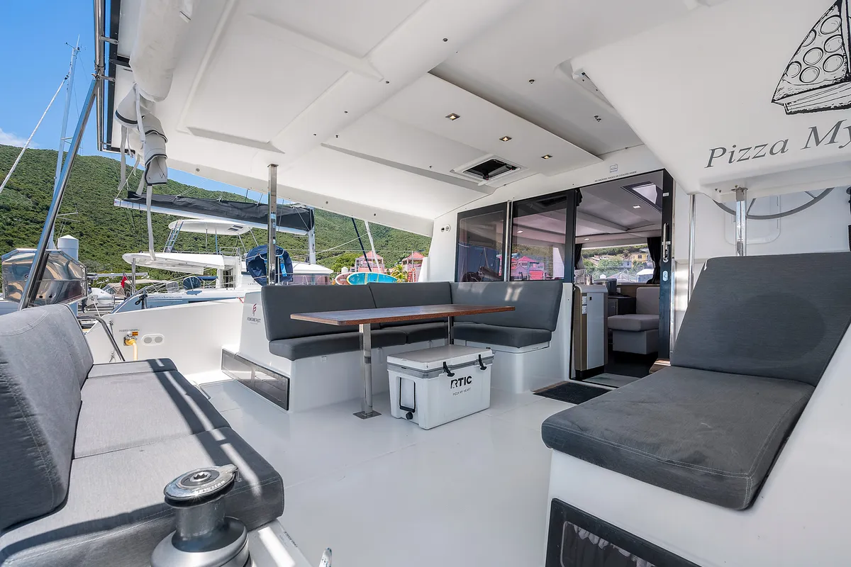 Exterior view of Pizza My Heart, a Fountaine Pajot Isla 40 catamaran at Road Town, British Virgin Islands