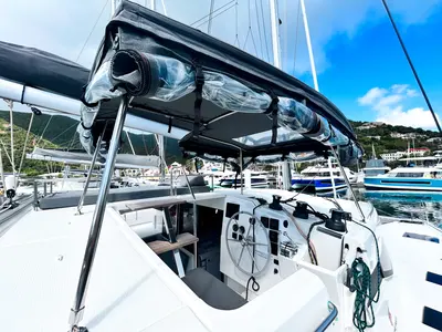 Cockpit of Pizza My Heart, a Fountaine Pajot Isla 40 catamaran at Road Town, British Virgin Islands