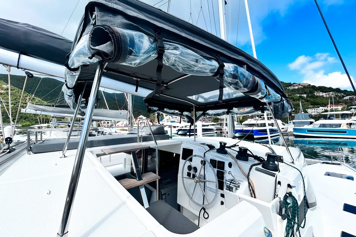Cockpit of Pizza My Heart, a Fountaine Pajot Isla 40 catamaran at Road Town, British Virgin Islands
