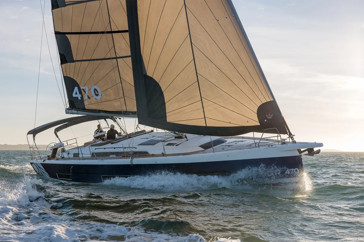 Exterior view of OPTASIA, a Dufour 470 sailboat at Municipal Unit of Rhodes, Greece