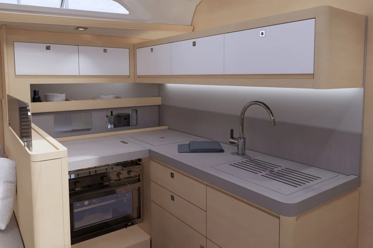 Galley of OPTASIA, a Dufour 470 sailboat at Municipal Unit of Rhodes, Greece
