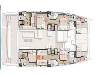 Floor plan of Therasia, a Bali 5.4 catamaran at Olbia, Italy