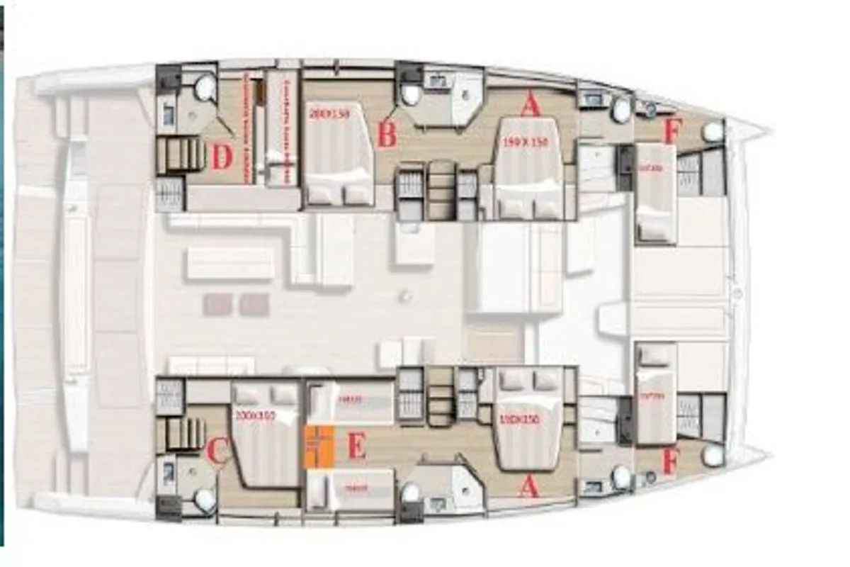 Floor plan of Therasia, a Bali 5.4 catamaran at Olbia, Italy