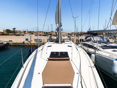 Deck of Panayiotis K, a Jeanneau 54 sailboat at Municipal Unit of Nea Peramos, Greece