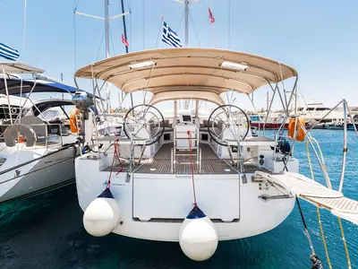 Cockpit of Panayiotis K, a Jeanneau 54 sailboat at Municipal Unit of Nea Peramos, Greece