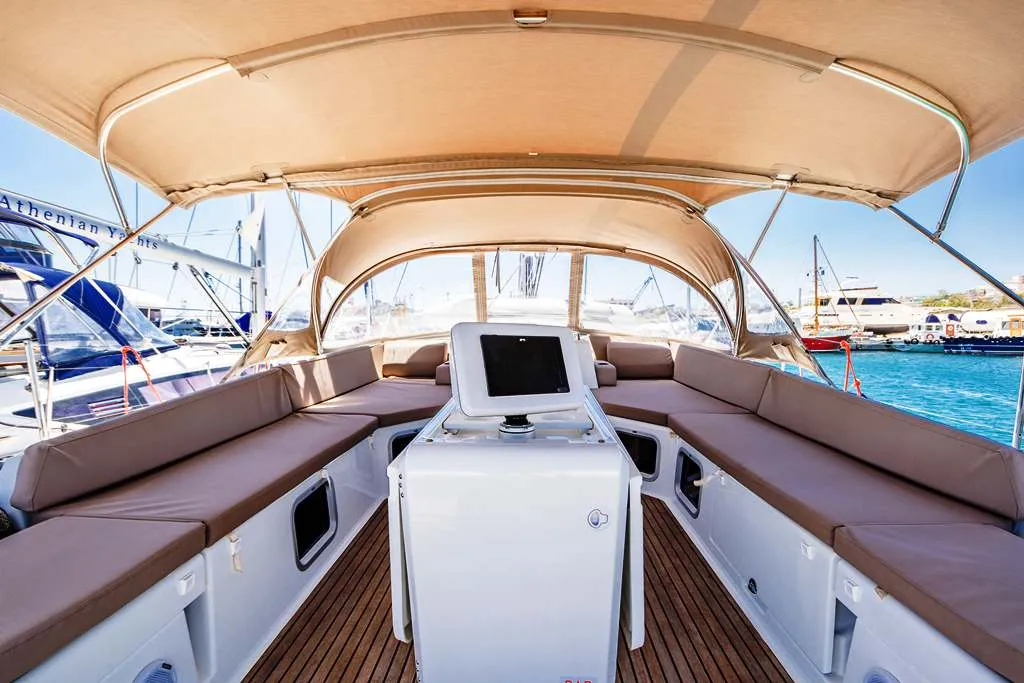 Cockpit of Panayiotis K, a Jeanneau 54 sailboat at Municipal Unit of Nea Peramos, Greece
