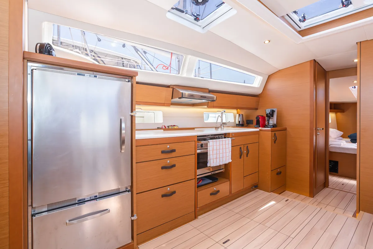 Galley of Panayiotis K, a Jeanneau 54 sailboat at Municipal Unit of Nea Peramos, Greece