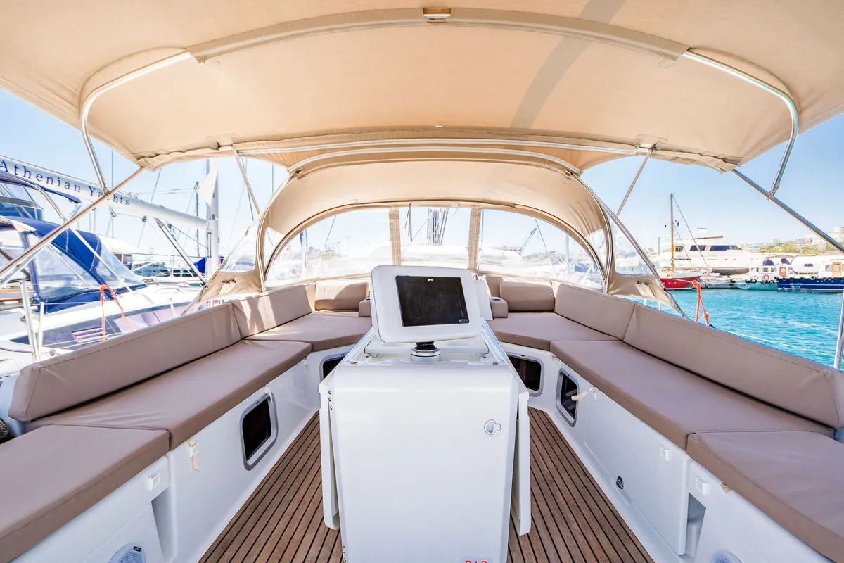 Cockpit of Panayiotis K, a Jeanneau 54 sailboat at Municipal Unit of Nea Peramos, Greece