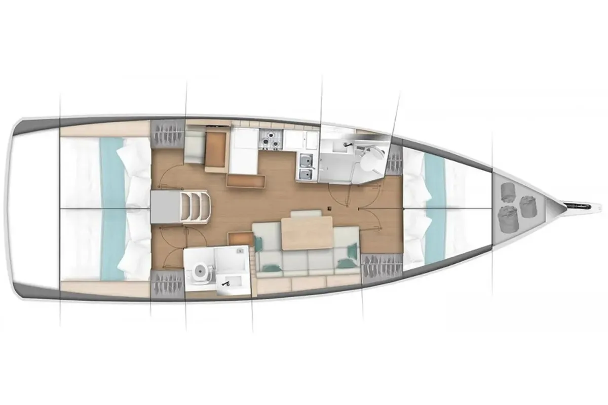 Floor plan of Gojiberry, a Jeanneau Sun Odyssey 440 sailboat at Parikia, Greece