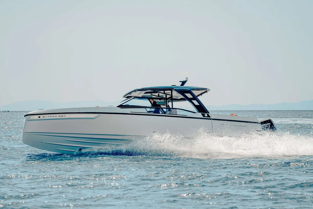 Exterior view of Poseidon, a Saxdor 320 GTO motorboat at Alyki, Greece
