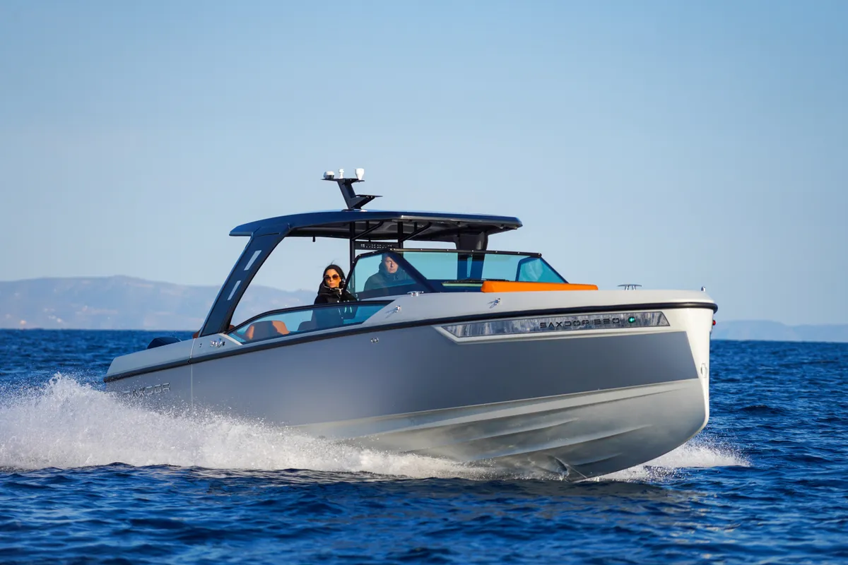Exterior view of Poseidon, a Saxdor 320 GTO motorboat at Alyki, Greece