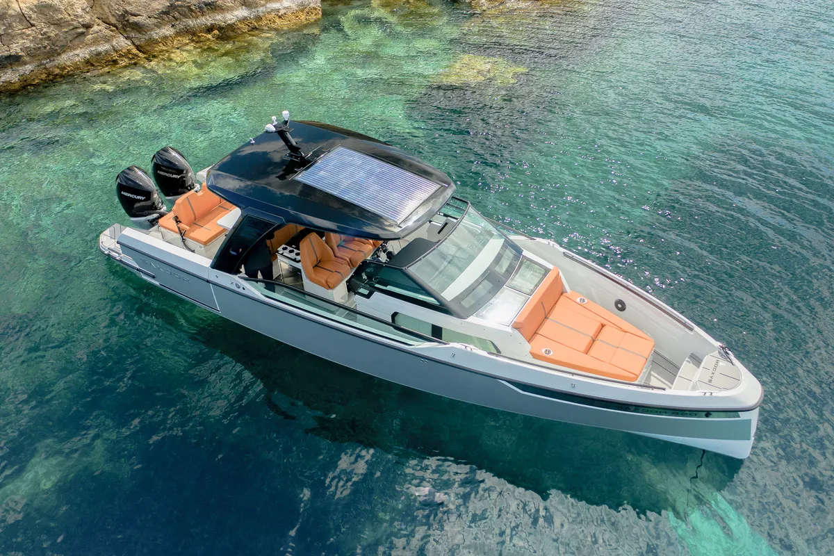 Exterior view of Poseidon, a Saxdor 320 GTO motorboat at Alyki, Greece