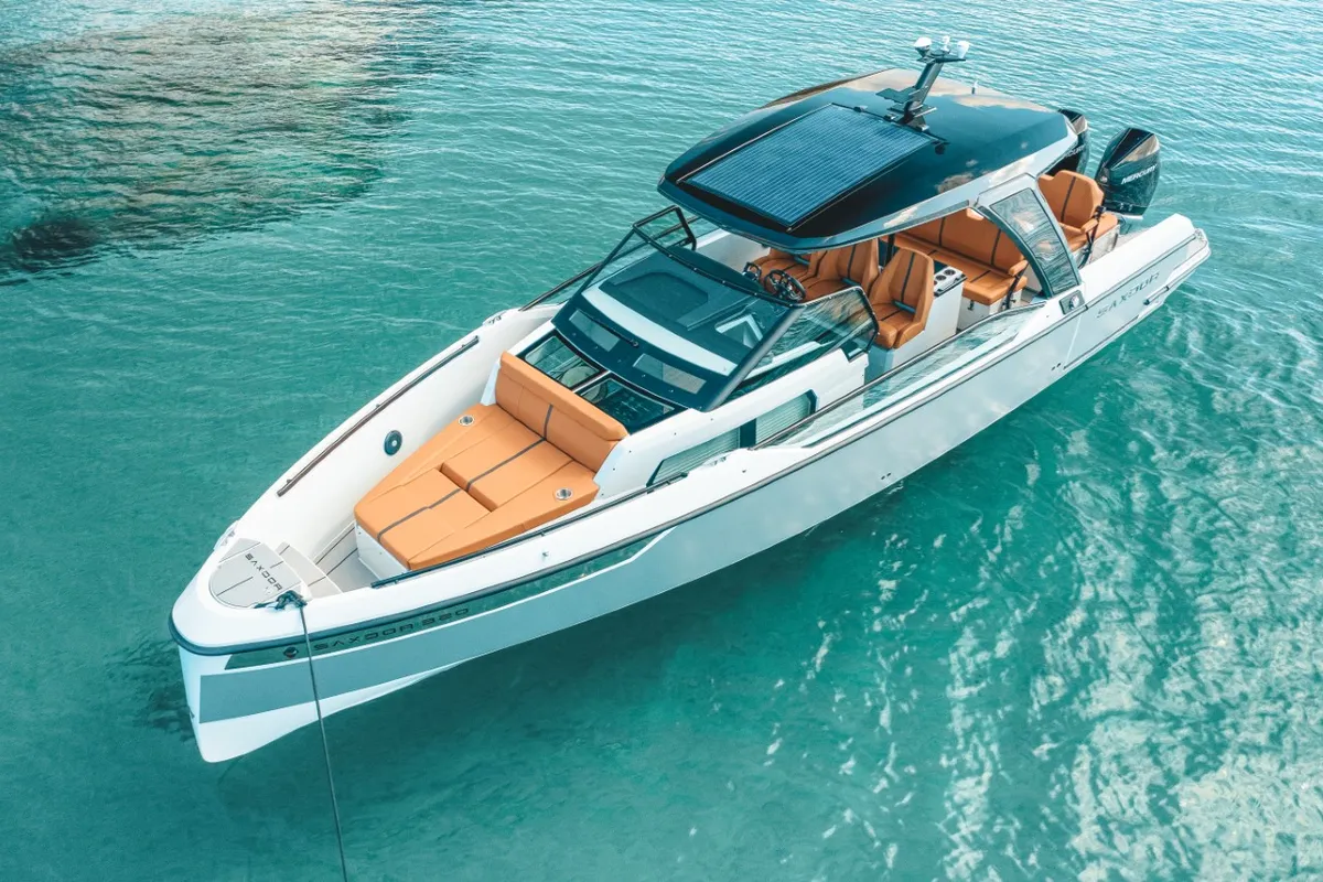 Exterior view of Poseidon, a Saxdor 320 GTO motorboat at Alyki, Greece