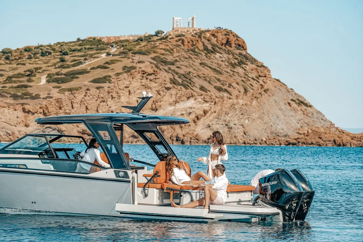 Exterior view of Poseidon, a Saxdor 320 GTO motorboat at Alyki, Greece