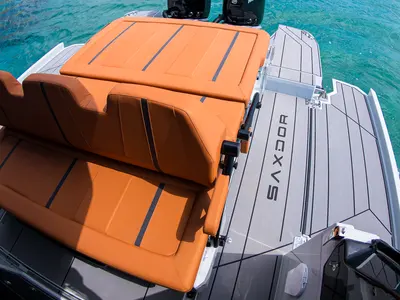 Deck of Poseidon, a Saxdor 320 GTO motorboat at Alyki, Greece