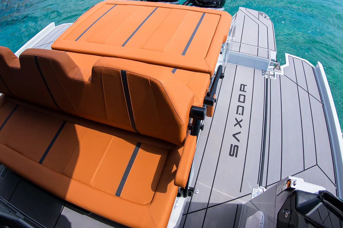 Deck of Poseidon, a Saxdor 320 GTO motorboat at Alyki, Greece
