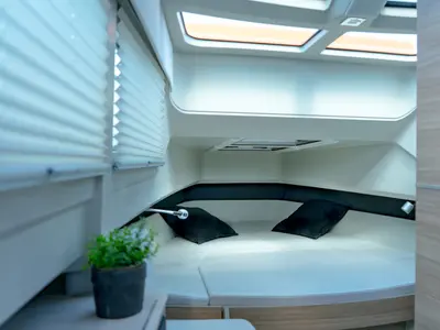 Cabin on Poseidon, a Saxdor 320 GTO motorboat at Alyki, Greece