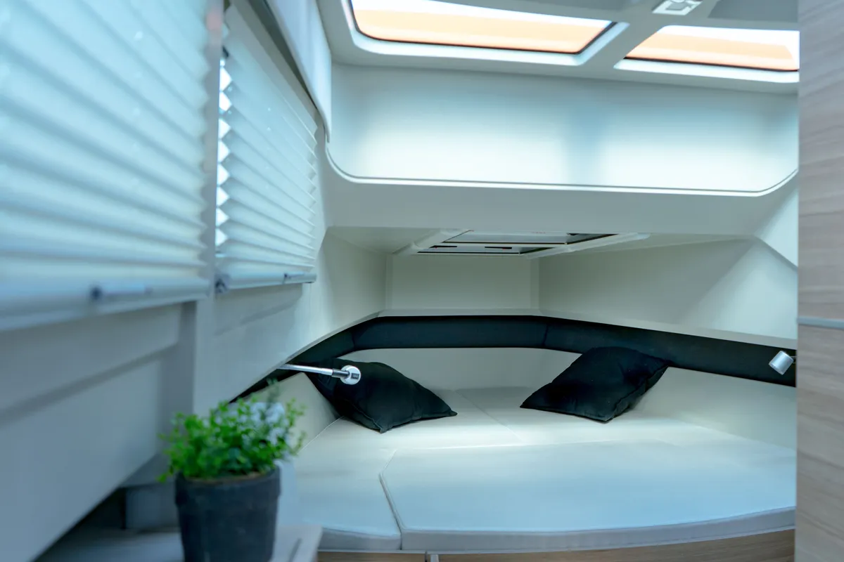 Cabin on Poseidon, a Saxdor 320 GTO motorboat at Alyki, Greece