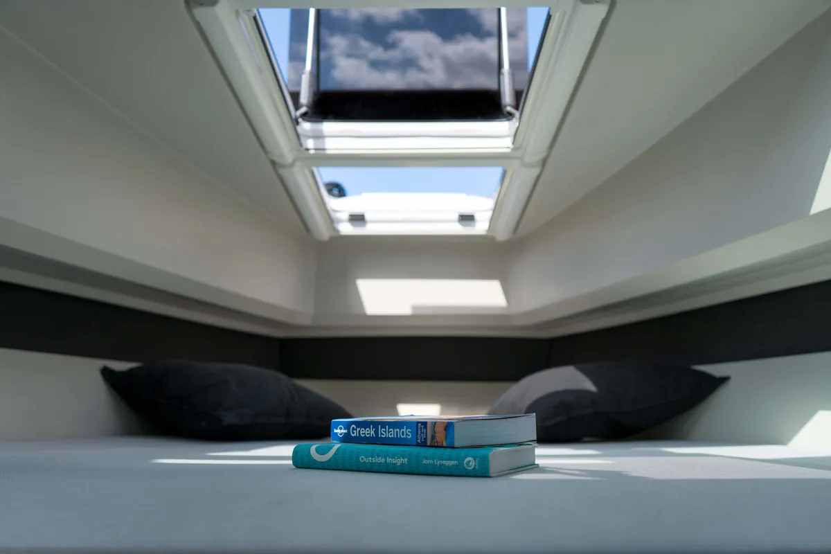 Cabin on Poseidon, a Saxdor 320 GTO motorboat at Alyki, Greece