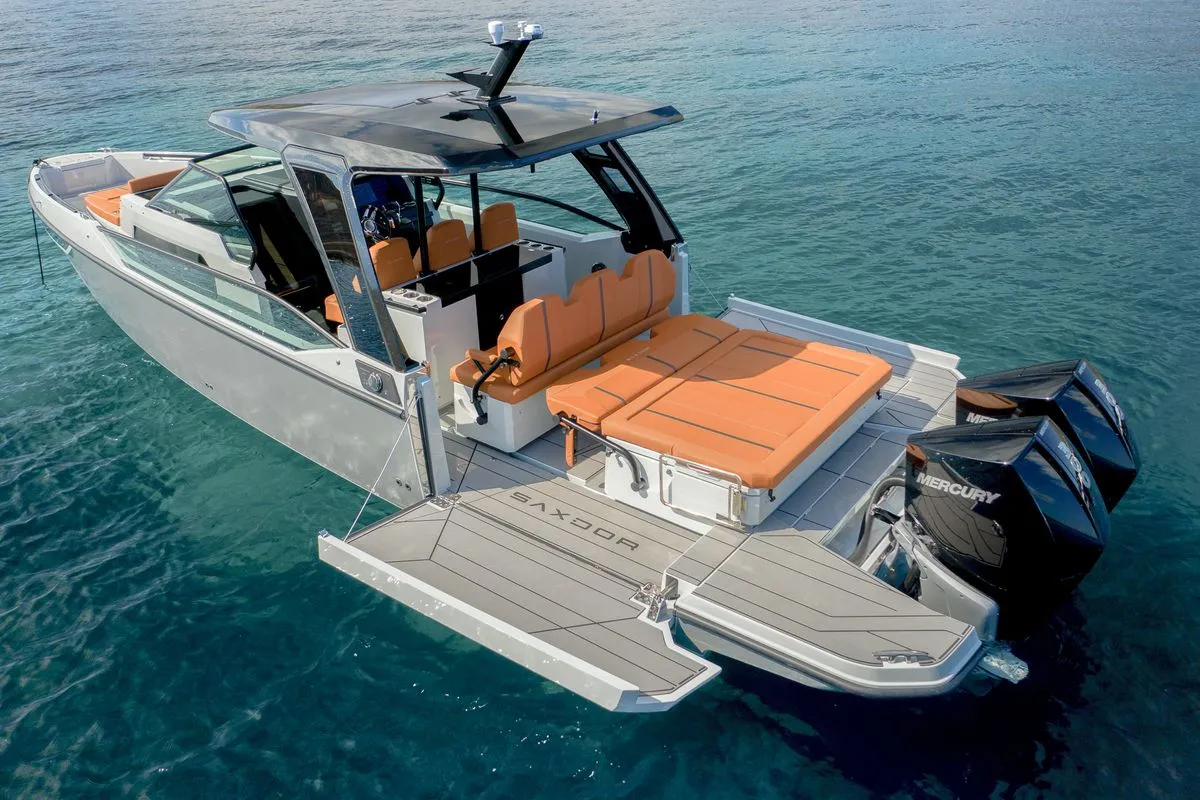 Exterior view of Poseidon, a Saxdor 320 GTO motorboat at Alyki, Greece